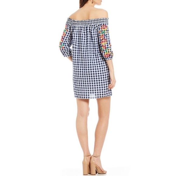 Skies Are Blue Navy Gingham Off Shoulder
Embroidered 3/4 Sleeve Dress - Picture 5 of 11